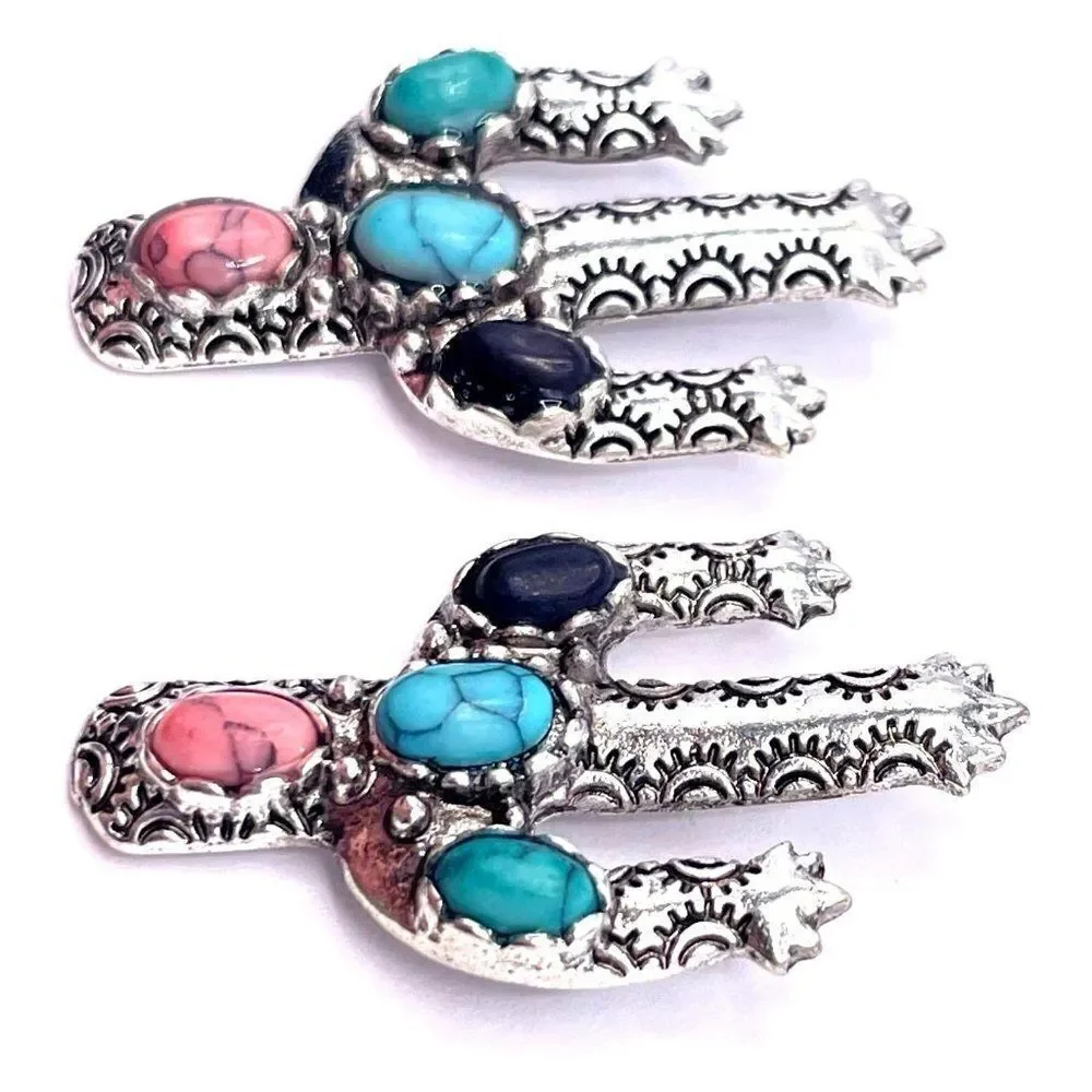 Silver with Turquoise Boho South Western Cactus Post Back Earrings